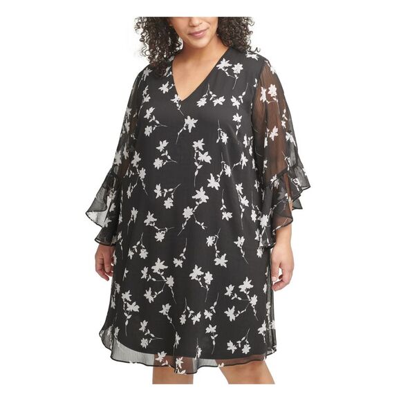 CALVIN KLEIN Womens Black Lined Ruffle Sleeve Back 3/4 Sleeve Dress Plus 20W - Picture 3 of 4